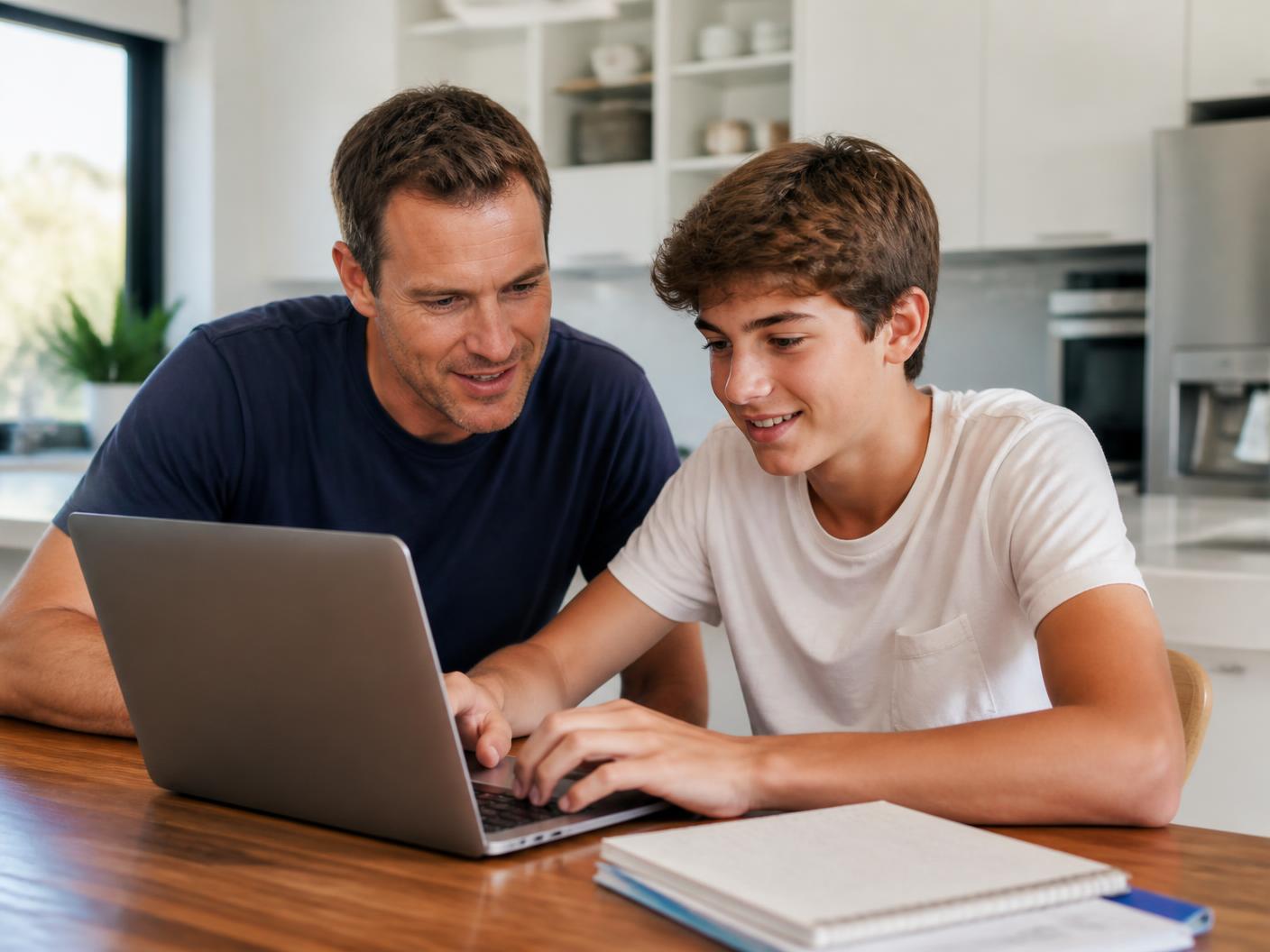 A parent reviewing schoolwork with their child on a laptop at home